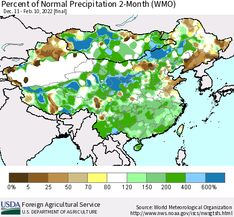 China, Mongolia and Taiwan Percent of Normal Precipitation 2-Month (WMO) Thematic Map For 12/11/2021 - 2/10/2022