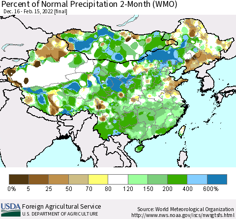 China, Mongolia and Taiwan Percent of Normal Precipitation 2-Month (WMO) Thematic Map For 12/16/2021 - 2/15/2022