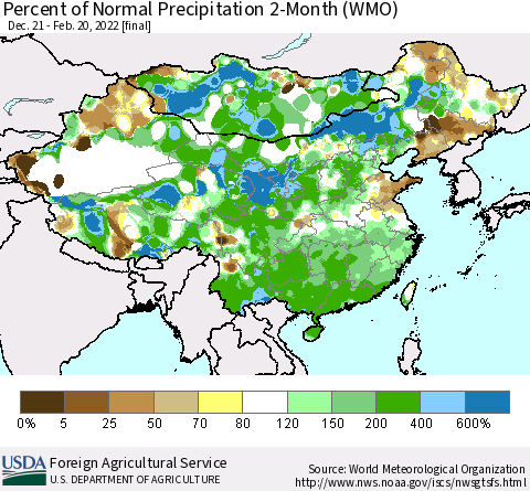 China, Mongolia and Taiwan Percent of Normal Precipitation 2-Month (WMO) Thematic Map For 12/21/2021 - 2/20/2022