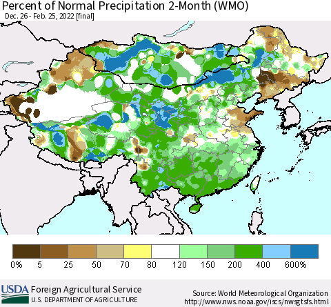 China, Mongolia and Taiwan Percent of Normal Precipitation 2-Month (WMO) Thematic Map For 12/26/2021 - 2/25/2022