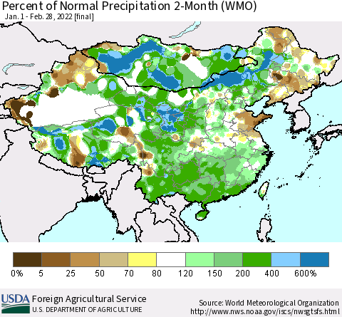 China, Mongolia and Taiwan Percent of Normal Precipitation 2-Month (WMO) Thematic Map For 1/1/2022 - 2/28/2022