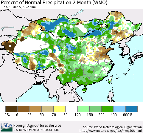 China, Mongolia and Taiwan Percent of Normal Precipitation 2-Month (WMO) Thematic Map For 1/6/2022 - 3/5/2022