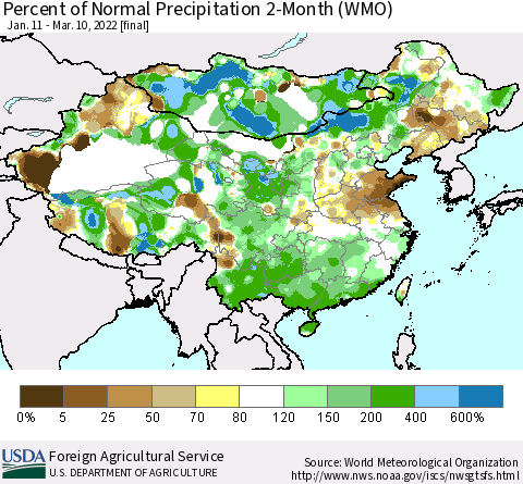 China, Mongolia and Taiwan Percent of Normal Precipitation 2-Month (WMO) Thematic Map For 1/11/2022 - 3/10/2022
