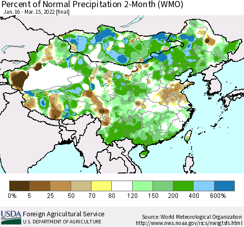 China, Mongolia and Taiwan Percent of Normal Precipitation 2-Month (WMO) Thematic Map For 1/16/2022 - 3/15/2022