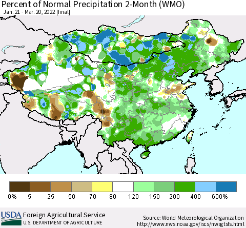 China, Mongolia and Taiwan Percent of Normal Precipitation 2-Month (WMO) Thematic Map For 1/21/2022 - 3/20/2022