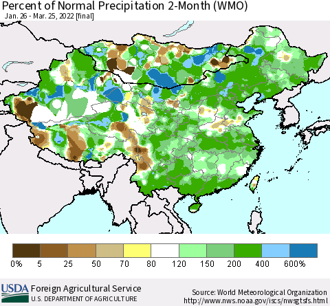 China, Mongolia and Taiwan Percent of Normal Precipitation 2-Month (WMO) Thematic Map For 1/26/2022 - 3/25/2022