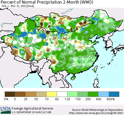 China, Mongolia and Taiwan Percent of Normal Precipitation 2-Month (WMO) Thematic Map For 2/1/2022 - 3/31/2022