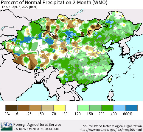 China, Mongolia and Taiwan Percent of Normal Precipitation 2-Month (WMO) Thematic Map For 2/6/2022 - 4/5/2022