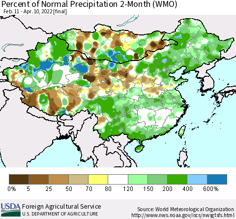 China, Mongolia and Taiwan Percent of Normal Precipitation 2-Month (WMO) Thematic Map For 2/11/2022 - 4/10/2022
