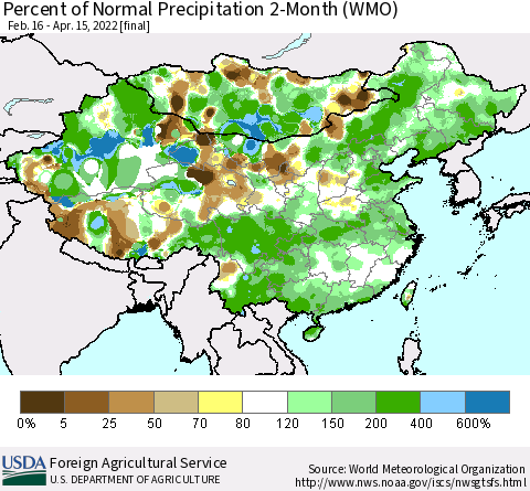 China, Mongolia and Taiwan Percent of Normal Precipitation 2-Month (WMO) Thematic Map For 2/16/2022 - 4/15/2022