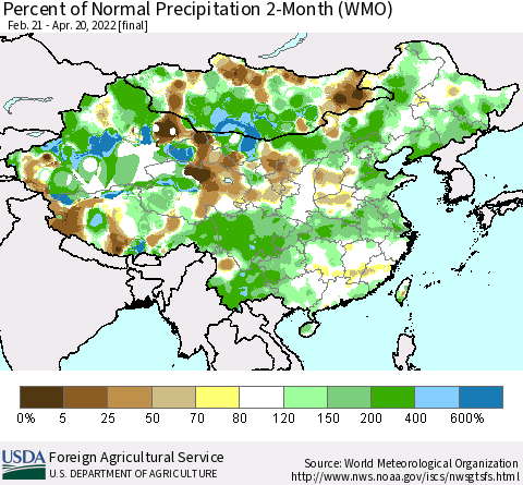 China, Mongolia and Taiwan Percent of Normal Precipitation 2-Month (WMO) Thematic Map For 2/21/2022 - 4/20/2022