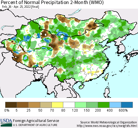 China, Mongolia and Taiwan Percent of Normal Precipitation 2-Month (WMO) Thematic Map For 2/26/2022 - 4/25/2022