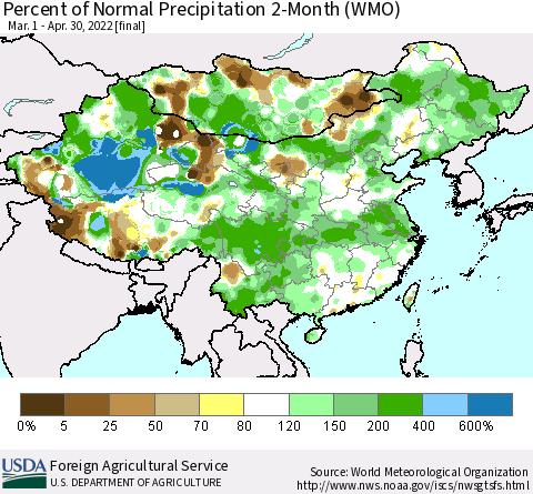 China, Mongolia and Taiwan Percent of Normal Precipitation 2-Month (WMO) Thematic Map For 3/1/2022 - 4/30/2022