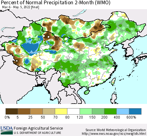 China, Mongolia and Taiwan Percent of Normal Precipitation 2-Month (WMO) Thematic Map For 3/6/2022 - 5/5/2022