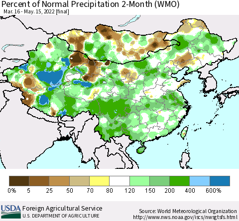 China, Mongolia and Taiwan Percent of Normal Precipitation 2-Month (WMO) Thematic Map For 3/16/2022 - 5/15/2022