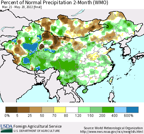 China, Mongolia and Taiwan Percent of Normal Precipitation 2-Month (WMO) Thematic Map For 3/21/2022 - 5/20/2022