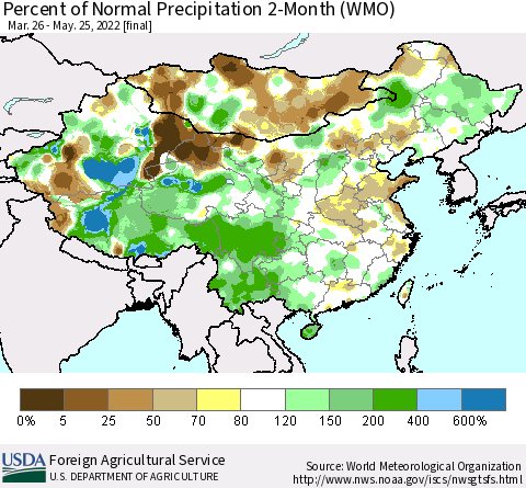 China, Mongolia and Taiwan Percent of Normal Precipitation 2-Month (WMO) Thematic Map For 3/26/2022 - 5/25/2022