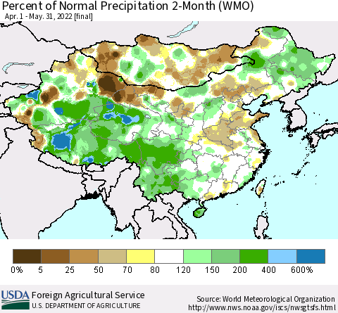 China, Mongolia and Taiwan Percent of Normal Precipitation 2-Month (WMO) Thematic Map For 4/1/2022 - 5/31/2022