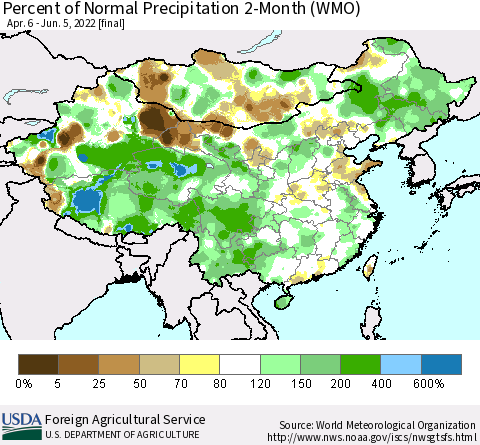 China, Mongolia and Taiwan Percent of Normal Precipitation 2-Month (WMO) Thematic Map For 4/6/2022 - 6/5/2022