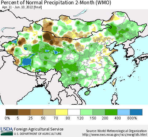 China, Mongolia and Taiwan Percent of Normal Precipitation 2-Month (WMO) Thematic Map For 4/11/2022 - 6/10/2022