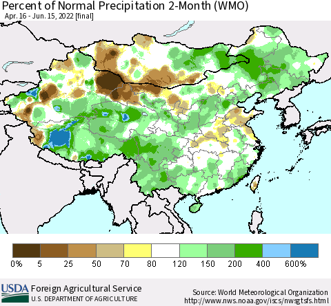 China, Mongolia and Taiwan Percent of Normal Precipitation 2-Month (WMO) Thematic Map For 4/16/2022 - 6/15/2022