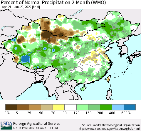China, Mongolia and Taiwan Percent of Normal Precipitation 2-Month (WMO) Thematic Map For 4/21/2022 - 6/20/2022