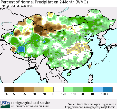 China, Mongolia and Taiwan Percent of Normal Precipitation 2-Month (WMO) Thematic Map For 4/26/2022 - 6/25/2022