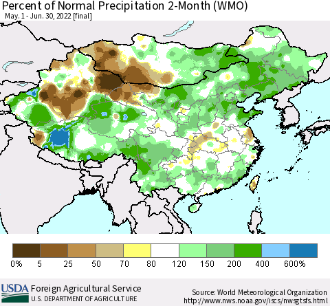 China, Mongolia and Taiwan Percent of Normal Precipitation 2-Month (WMO) Thematic Map For 5/1/2022 - 6/30/2022