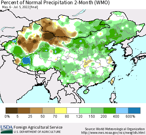 China, Mongolia and Taiwan Percent of Normal Precipitation 2-Month (WMO) Thematic Map For 5/6/2022 - 7/5/2022