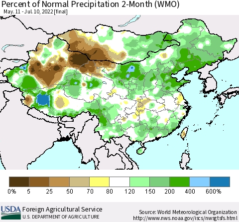 China, Mongolia and Taiwan Percent of Normal Precipitation 2-Month (WMO) Thematic Map For 5/11/2022 - 7/10/2022