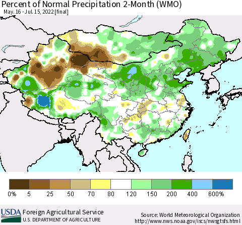 China, Mongolia and Taiwan Percent of Normal Precipitation 2-Month (WMO) Thematic Map For 5/16/2022 - 7/15/2022
