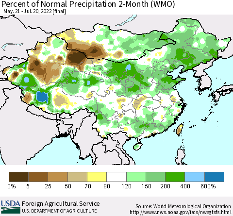 China, Mongolia and Taiwan Percent of Normal Precipitation 2-Month (WMO) Thematic Map For 5/21/2022 - 7/20/2022