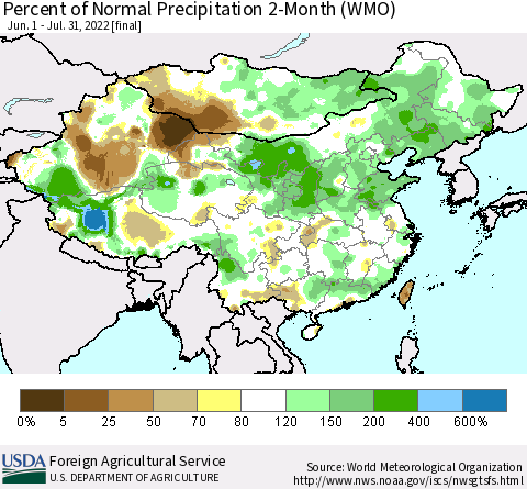 China, Mongolia and Taiwan Percent of Normal Precipitation 2-Month (WMO) Thematic Map For 6/1/2022 - 7/31/2022