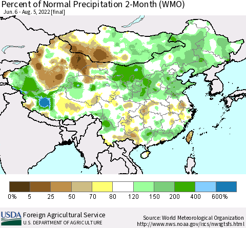 China, Mongolia and Taiwan Percent of Normal Precipitation 2-Month (WMO) Thematic Map For 6/6/2022 - 8/5/2022