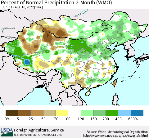 China, Mongolia and Taiwan Percent of Normal Precipitation 2-Month (WMO) Thematic Map For 6/11/2022 - 8/10/2022