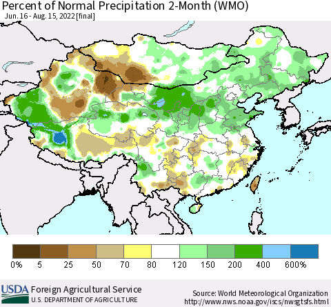 China, Mongolia and Taiwan Percent of Normal Precipitation 2-Month (WMO) Thematic Map For 6/16/2022 - 8/15/2022
