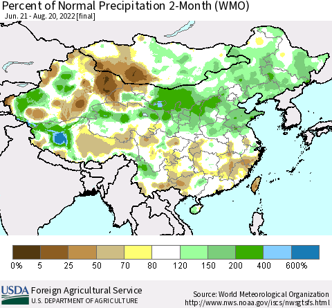 China, Mongolia and Taiwan Percent of Normal Precipitation 2-Month (WMO) Thematic Map For 6/21/2022 - 8/20/2022