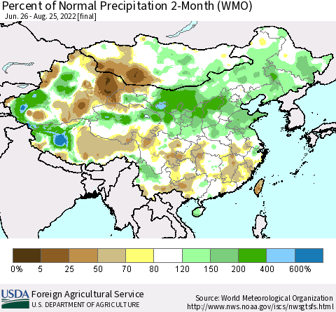 China, Mongolia and Taiwan Percent of Normal Precipitation 2-Month (WMO) Thematic Map For 6/26/2022 - 8/25/2022