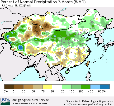 China, Mongolia and Taiwan Percent of Normal Precipitation 2-Month (WMO) Thematic Map For 7/1/2022 - 8/31/2022