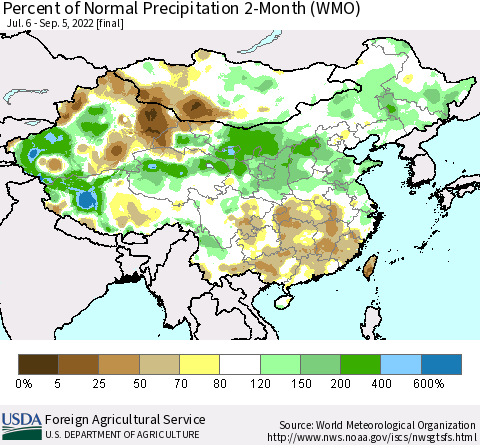 China, Mongolia and Taiwan Percent of Normal Precipitation 2-Month (WMO) Thematic Map For 7/6/2022 - 9/5/2022