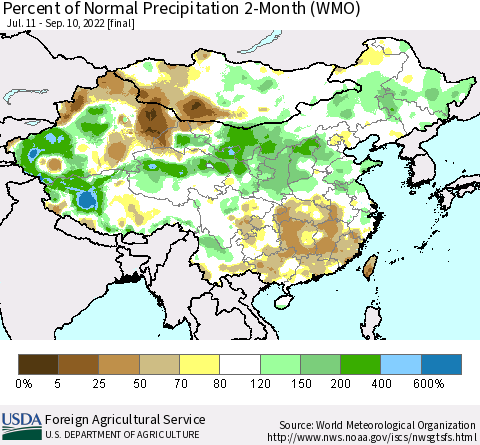 China, Mongolia and Taiwan Percent of Normal Precipitation 2-Month (WMO) Thematic Map For 7/11/2022 - 9/10/2022