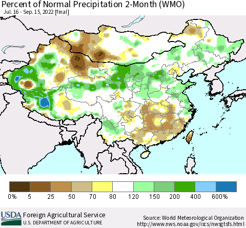 China, Mongolia and Taiwan Percent of Normal Precipitation 2-Month (WMO) Thematic Map For 7/16/2022 - 9/15/2022
