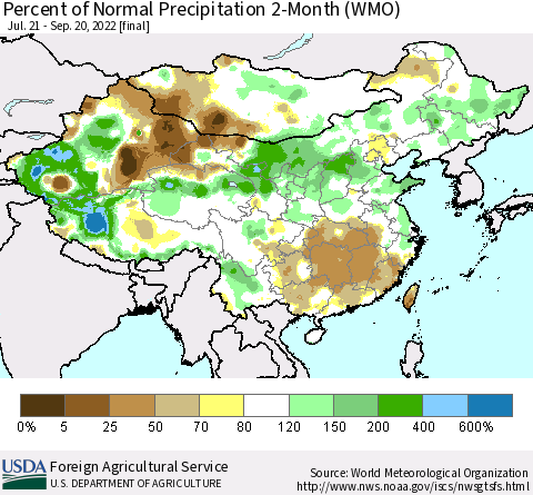 China, Mongolia and Taiwan Percent of Normal Precipitation 2-Month (WMO) Thematic Map For 7/21/2022 - 9/20/2022