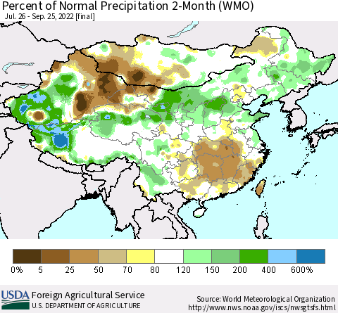 China, Mongolia and Taiwan Percent of Normal Precipitation 2-Month (WMO) Thematic Map For 7/26/2022 - 9/25/2022