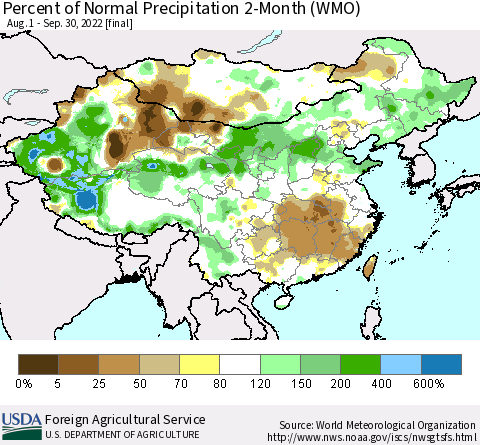 China, Mongolia and Taiwan Percent of Normal Precipitation 2-Month (WMO) Thematic Map For 8/1/2022 - 9/30/2022
