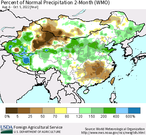 China, Mongolia and Taiwan Percent of Normal Precipitation 2-Month (WMO) Thematic Map For 8/6/2022 - 10/5/2022