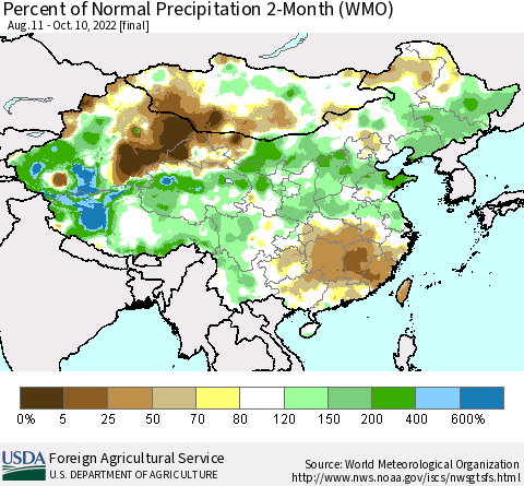 China, Mongolia and Taiwan Percent of Normal Precipitation 2-Month (WMO) Thematic Map For 8/11/2022 - 10/10/2022