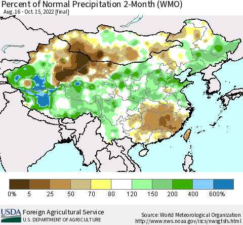 China, Mongolia and Taiwan Percent of Normal Precipitation 2-Month (WMO) Thematic Map For 8/16/2022 - 10/15/2022