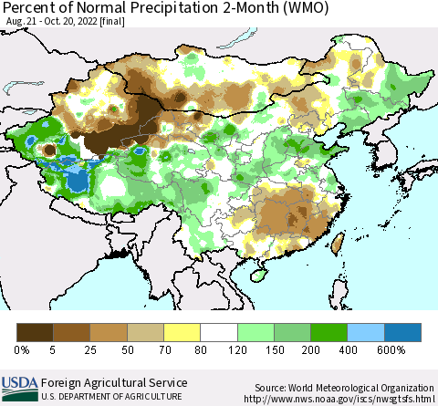 China, Mongolia and Taiwan Percent of Normal Precipitation 2-Month (WMO) Thematic Map For 8/21/2022 - 10/20/2022