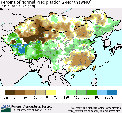 China, Mongolia and Taiwan Percent of Normal Precipitation 2-Month (WMO) Thematic Map For 8/26/2022 - 10/25/2022